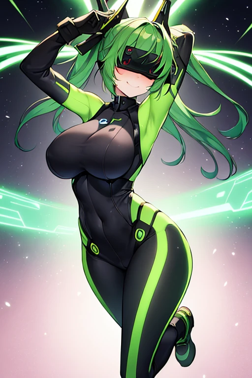 1girl, green hair, vr visors, visors, head-mounted display, ((covered eyes)), covered eyes, bodysuit, black bodysuit, science-fiction, machinery, futuristic, tech, neon, neon trim, large breasts, swaying hips, hip sway, sway, arms behind back, arms up, smile, ((bouncing breasts)), bouncing breasts, standing, full body, ((full_body))