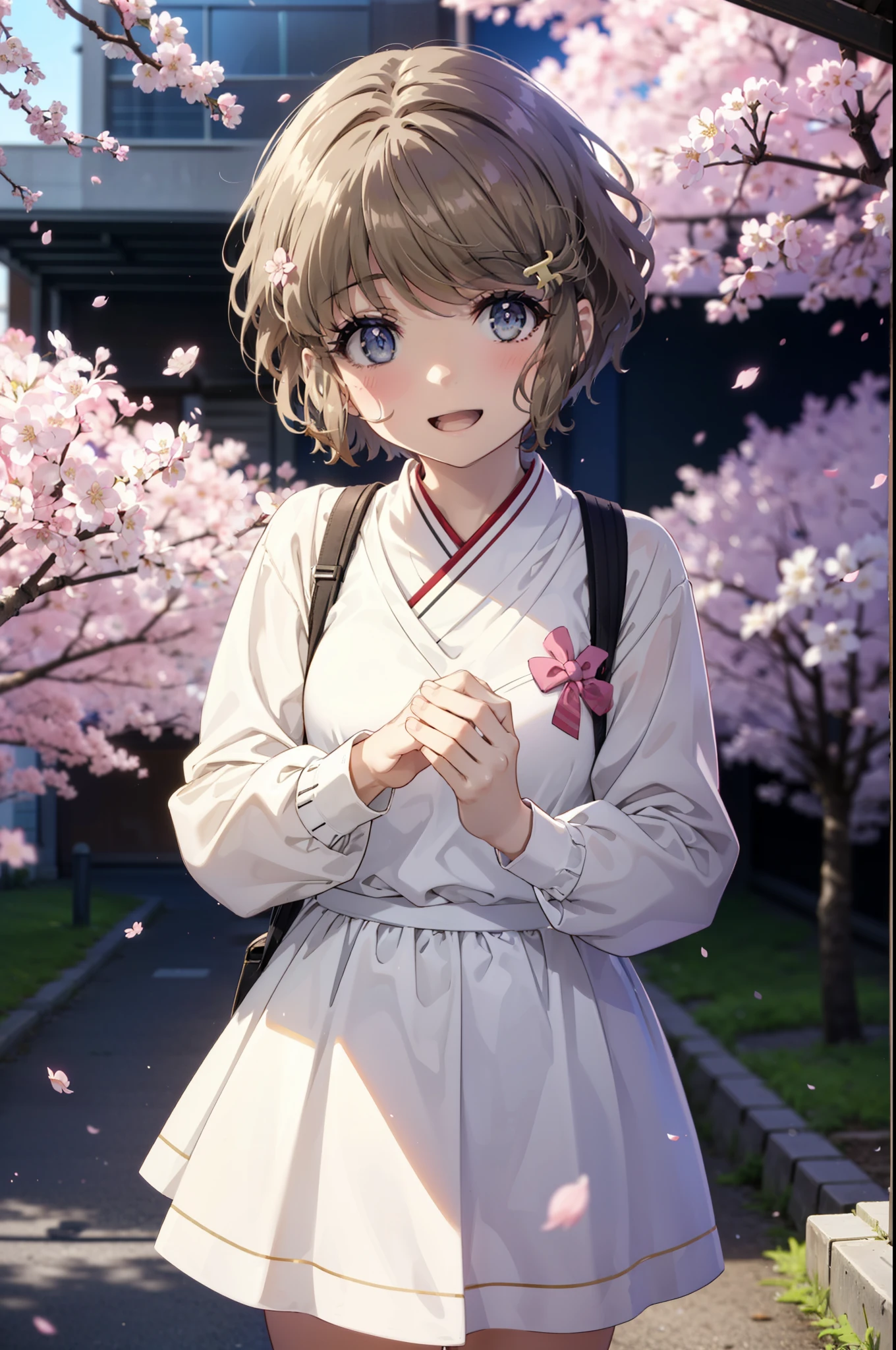 tomoekoga, Chie Koga, short hair, brown hair, blue eyes, Hair Clip,Green Tokkuri Sweater,White long skirt,Mini Boots,blush,smile,happy smile, smile, Open your mouth,Cherry blossoms are blooming,Cherry blossoms are scattered,Cherry blossom tree-lined path,morning,morning陽太陽が登っている,
break outdoors, School　School building,
break looking at viewer, (Cowboy Shot:1.5),
break (masterpiece:1.2), highest quality, High resolution, unity 8k wallpaper, (figure:0.8), (Beautiful fine details:1.6), Highly detailed face, Perfect lighting, Highly detailed CG, (Perfect hands, Perfect Anatomy),