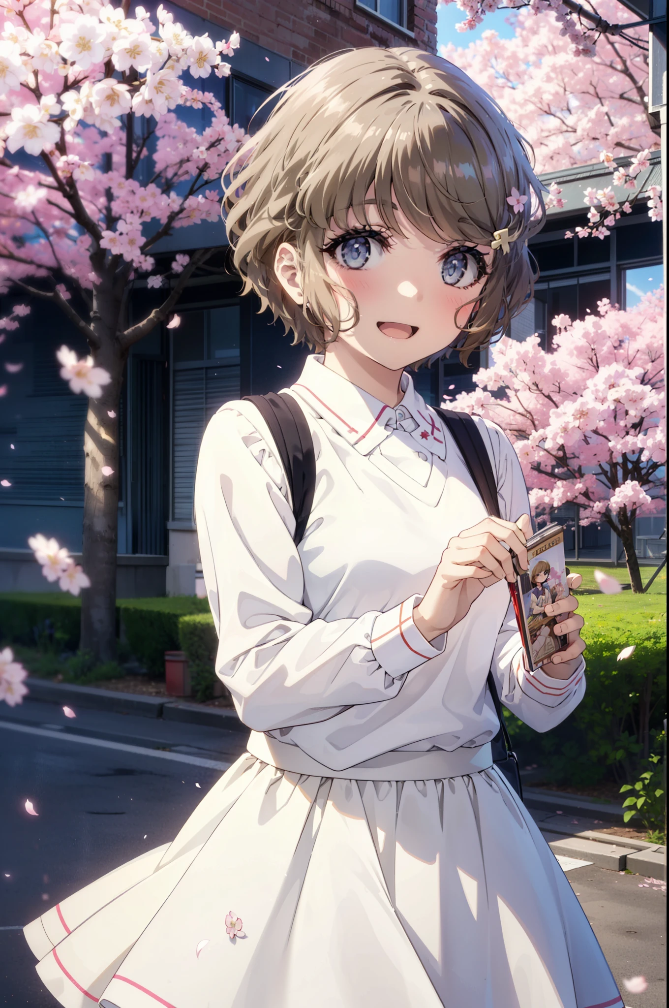 tomoekoga, Chie Koga, short hair, brown hair, blue eyes, Hair Clip,Green Tokkuri Sweater,White long skirt,Mini Boots,blush,smile,happy smile, smile, Open your mouth,Cherry blossoms are blooming,Cherry blossoms are scattered,Cherry blossom tree-lined path,morning,morning陽太陽が登っている,
break outdoors, School　School building,
break looking at viewer, (Cowboy Shot:1.5),
break (masterpiece:1.2), highest quality, High resolution, unity 8k wallpaper, (figure:0.8), (Beautiful fine details:1.6), Highly detailed face, Perfect lighting, Highly detailed CG, (Perfect hands, Perfect ???????),