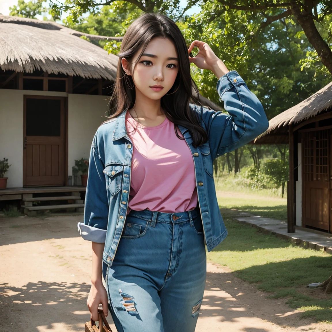 Young Asian woman, 25 years old,Wear a short jean jacket, pink shirt , Long hair blows up in the wind., Looking straight ahead, Action with various seductive poses, perfect body,)) Strong and healthy abdomen, In the countryside there are old thatched huts.,In the countryside there are old thatched huts.โทรมธรรมชาติ บริเวณข้างทางมีแถวดอกไม้สีเหลืองสวยงามบานสะพรั่ง, The evening sunlight twinkled beautifully., 8K photos, Shot with a bright, high-quality Fuji camera. 45,000,000 pixels, Too realistic,