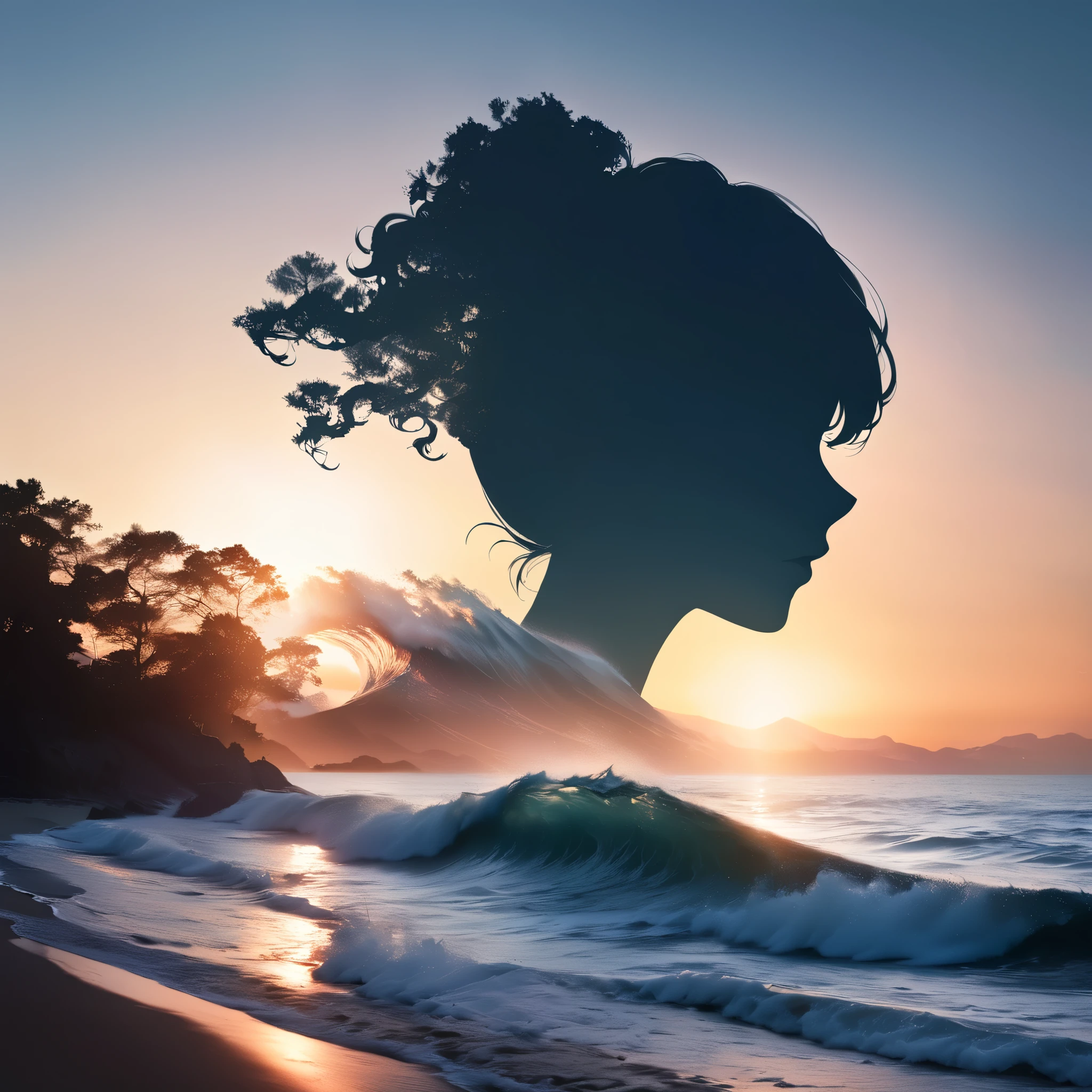 [sea wave:teadrop:30]= [sea wave:teadrop:1.5],(double exposure silhouette:1.4),(morning glow photo scenery),hyperrealistic,extremely detailed 8k CG,extremely detailed background,