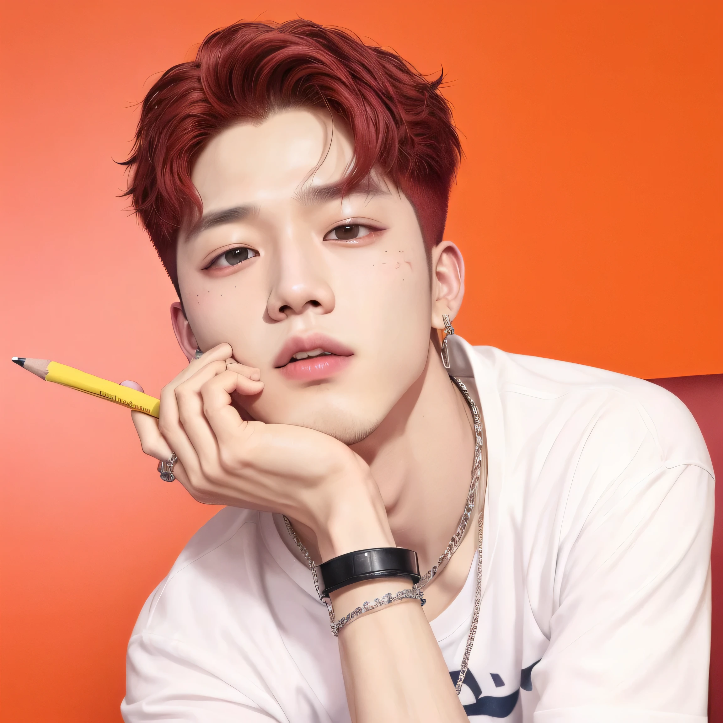Arafed woman with red hair and white shirt holding a pencil., park Jimin, Jimin\los labios carnosos, Jimin, cai xukun, Jimin\'s grecian nose, Jimin\his right eyelid is swollen, retrato de jossi de blackpink, hyung tae, kpop idol portrait, Hong June Hyung, cuchilla del grupo de drenaje, Yanjun Chengt, Park Jimin, Jimin of BTS, Korean Boy, Korean Face