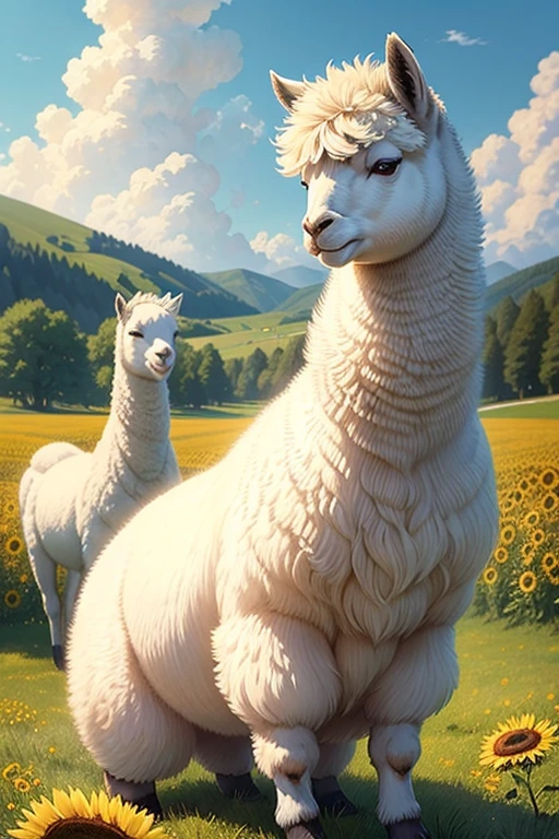 best quality,ultra-detailed,realistic,artistic rendering,impressionism,soft and fluffy fur,natural landscape,pastoral scene,peaceful atmosphere,vibrant colors,sunlit meadow,French countryside,sunflowers,rolling hills,golden sunlight,relaxed alpaca,curious expression,gentle creature,playful interaction,elegant pose,graceful movements,harmonious composition,subtle brushstrokes,loose texture,harmonious color palette,lush greenery,blue sky and white clouds,serenity and tranquility,ethereal beauty,cozy environment,warm sunlight,gentle breeze,calm and inviting,peaceful grazing,connection with nature,enchanted scene,majestic alpaca,impressive presence,wildflowers dancing in the wind