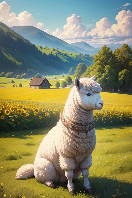 best quality,ultra-detailed,realistic,artistic rendering,impressionism,soft and fluffy fur,natural landscape,pastoral scene,peaceful atmosphere,vibrant colors,sunlit meadow,French countryside,sunflowers,rolling hills,golden sunlight,relaxed alpaca,curious expression,gentle creature,playful interaction,elegant pose,graceful movements,harmonious composition,subtle brushstrokes,loose texture,harmonious color palette,lush greenery,blue sky and white clouds,serenity and tranquility,ethereal beauty,cozy environment,warm sunlight,gentle breeze,calm and inviting,peaceful grazing,connection with nature,enchanted scene,majestic alpaca,impressive presence,wildflowers dancing in the wind