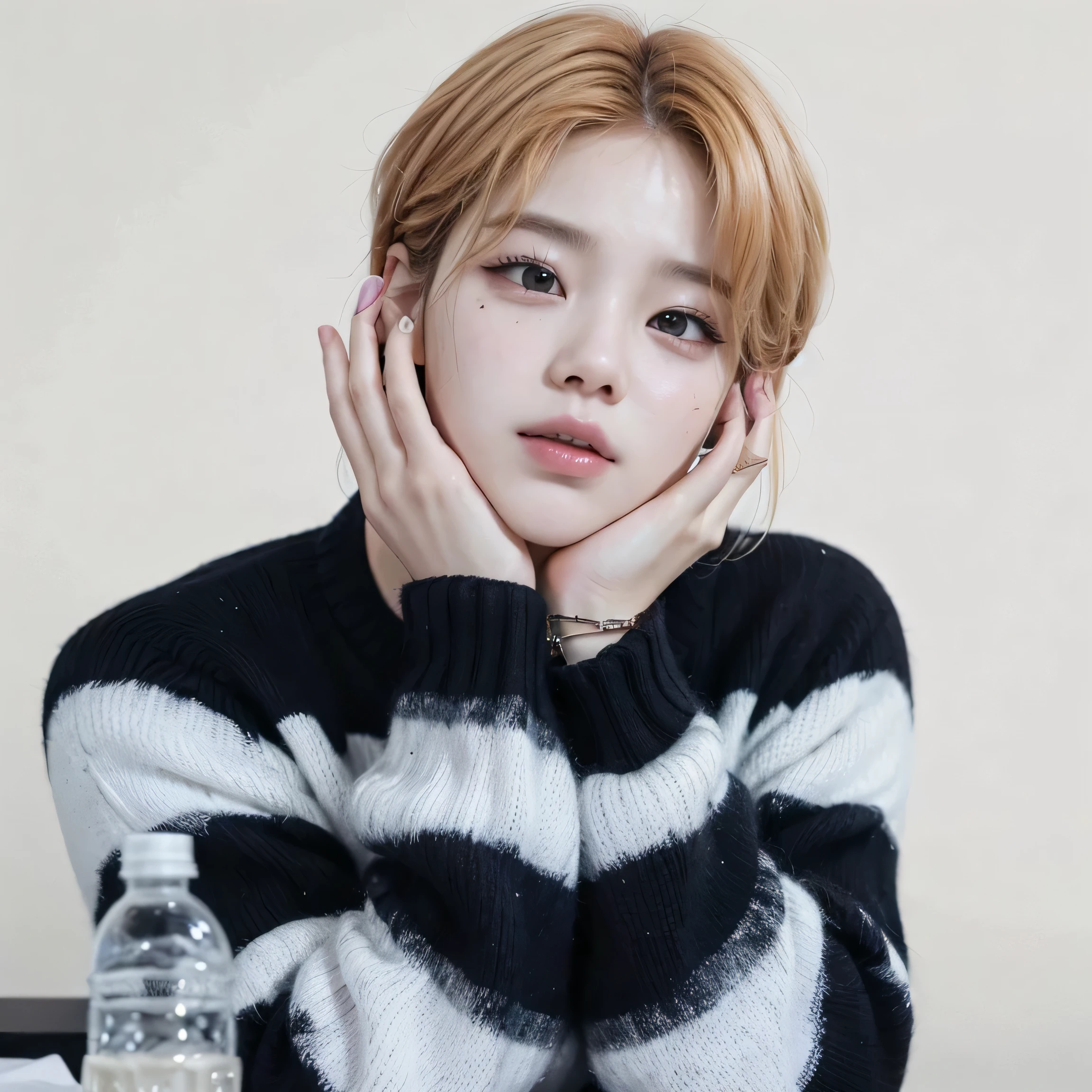 Arafed woman in a black and white sweater sitting at a table, park Jimin, Jimin, Jimin\los labios carnosos, Jimin\'s grecian nose, accurate Jimin face, Jimin\his right eyelid is swollen, Jung Jaehyun, cai xukun, hyung tae, retrato de jossi de blackpink, kpop idol portrait, kim taejin, artista coreano, Park Jimin, Jimin of BTS, Korean Boy, Korean Face