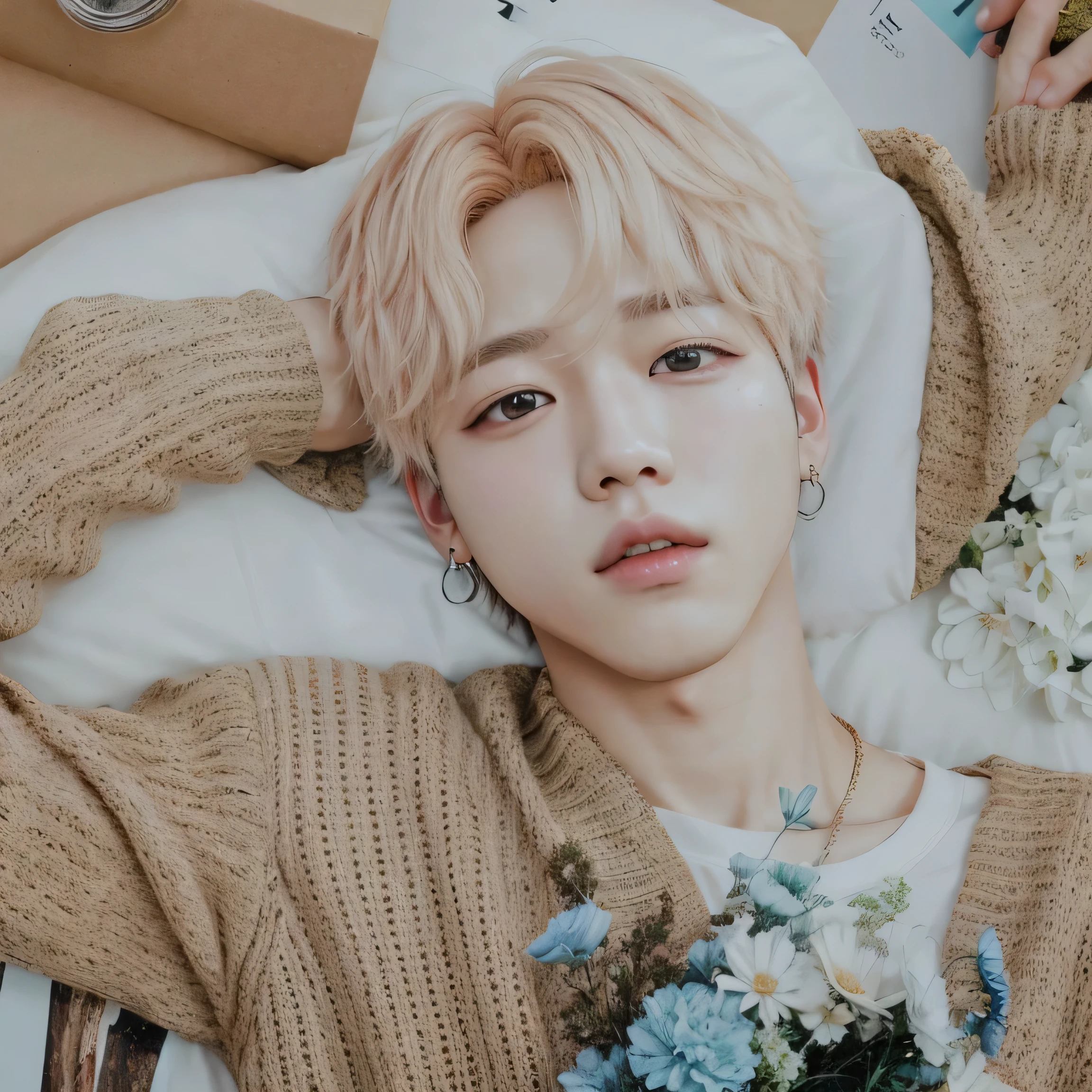 un primer plano de una persona sosteniendo una flor frente a una revista, park Jimin, Jimin, Jimin\los labios carnosos, Jimin\'s grecian nose, accurate Jimin face, Jimin\his right eyelid is swollen, Kim Doyoung, hyung tae, kim taejin, Hong June Hyung, fanart oficial, Jung Jaehyun, kpop idol portrait, Park Jimin, Jimin of BTS, Korean Boy, Korean Face