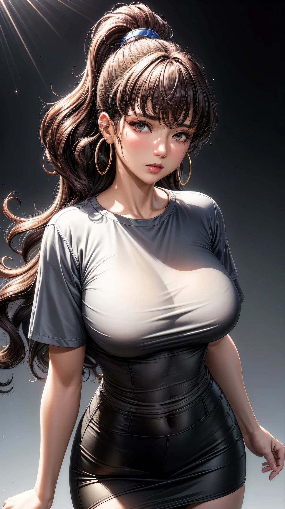 (best quality:1.5, highres, UHD, 4Kj, detailed lighting, shaders), black curly haired, gradient hair, large breasts, suit, gray shirt, black T-shirt, social shirt, short skirt, mature woman , (pov), white background, colorful eyeshadow, dramatic lighting, sparkling eyes, sensual expression, golden earrings, flowing hair, delicate facial features, yellow skin, high cheekbones, urban setting, white background, dont look for the camera,  behind  the camera