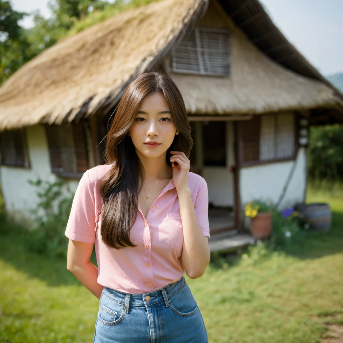 Young Asian woman, 25 years old,Wear a short jean jacket, pink shirt , Long hair blows up in the wind., Looking straight ahead, Action with various seductive poses, perfect body,)) Strong and healthy abdomen, In the countryside there are old thatched huts.,In the countryside there are old thatched huts.โทรมธรรมชาติ บริเวณข้างทางมีแถวดอกไม้สีเหลืองสวยงามบานสะพรั่ง, The evening sunlight twinkled beautifully., 8K photos, Shot with a bright, high-quality Fuji camera. 45,000,000 pixels, Too realistic,