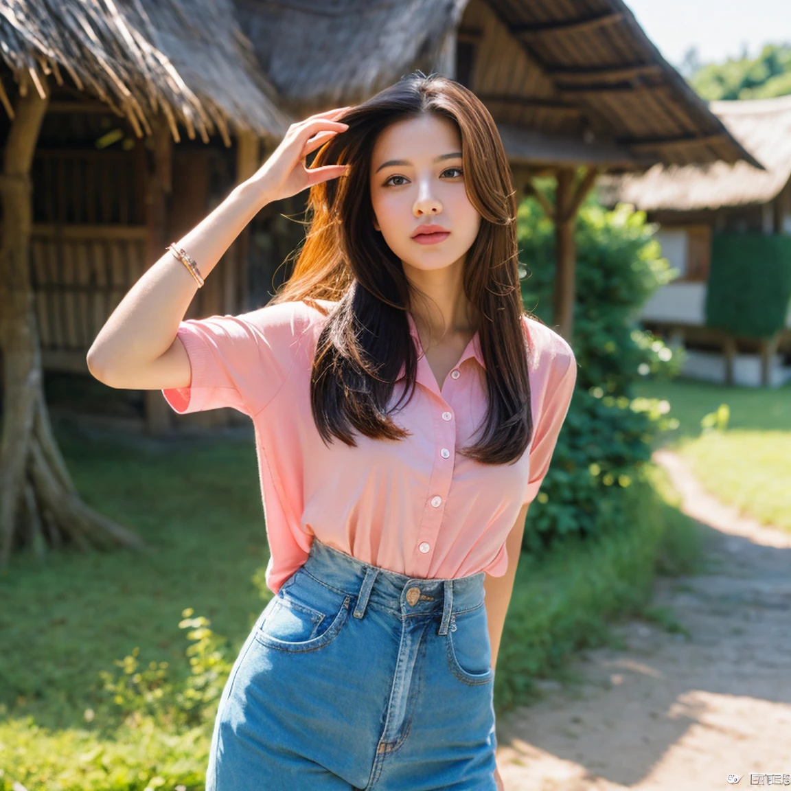 Young Asian woman, 25 years old,Wear a short jean jacket, pink shirt , Long hair blows up in the wind., Looking straight ahead, Action with various seductive poses, perfect body,)) Strong and healthy abdomen, In the countryside there are old thatched huts.,In the countryside there are old thatched huts.โทรมธรรมชาติ บริเวณข้างทางมีแถวดอกไม้สีเหลืองสวยงามบานสะพรั่ง, The evening sunlight twinkled beautifully., 8K photos, Shot with a bright, high-quality Fuji camera. 45,000,000 pixels, Too realistic,