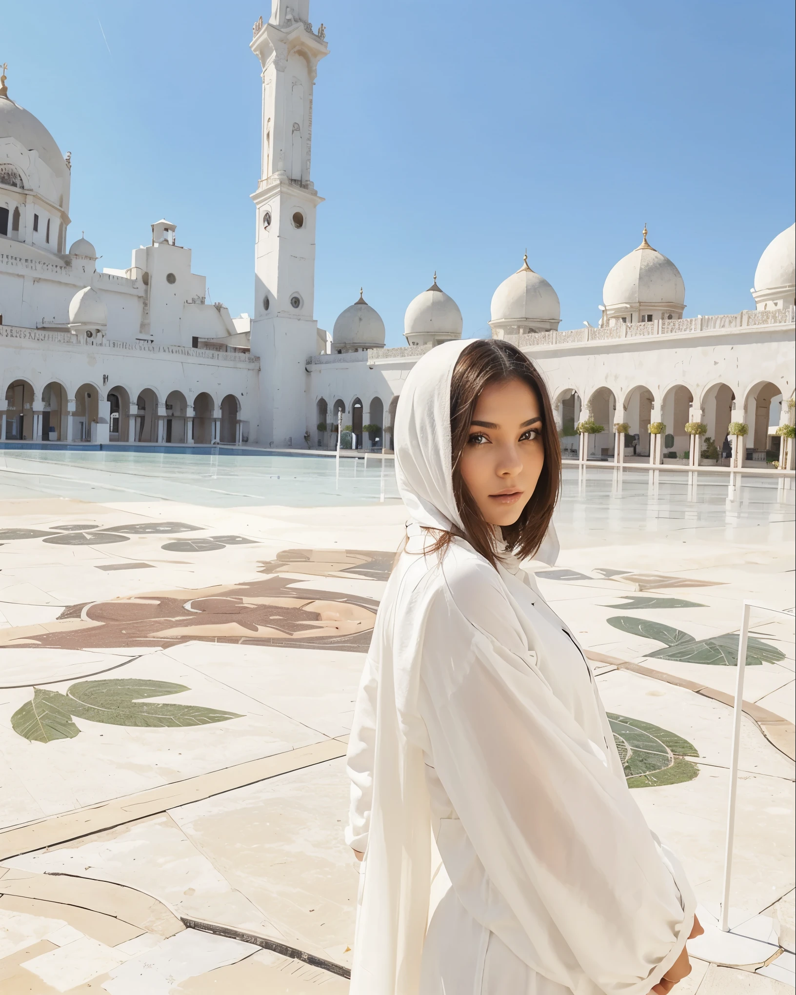 Make Larissa in this same pose wearing an identical outfit in a setting exactly like the one in the photo, cabelo castanho escuro