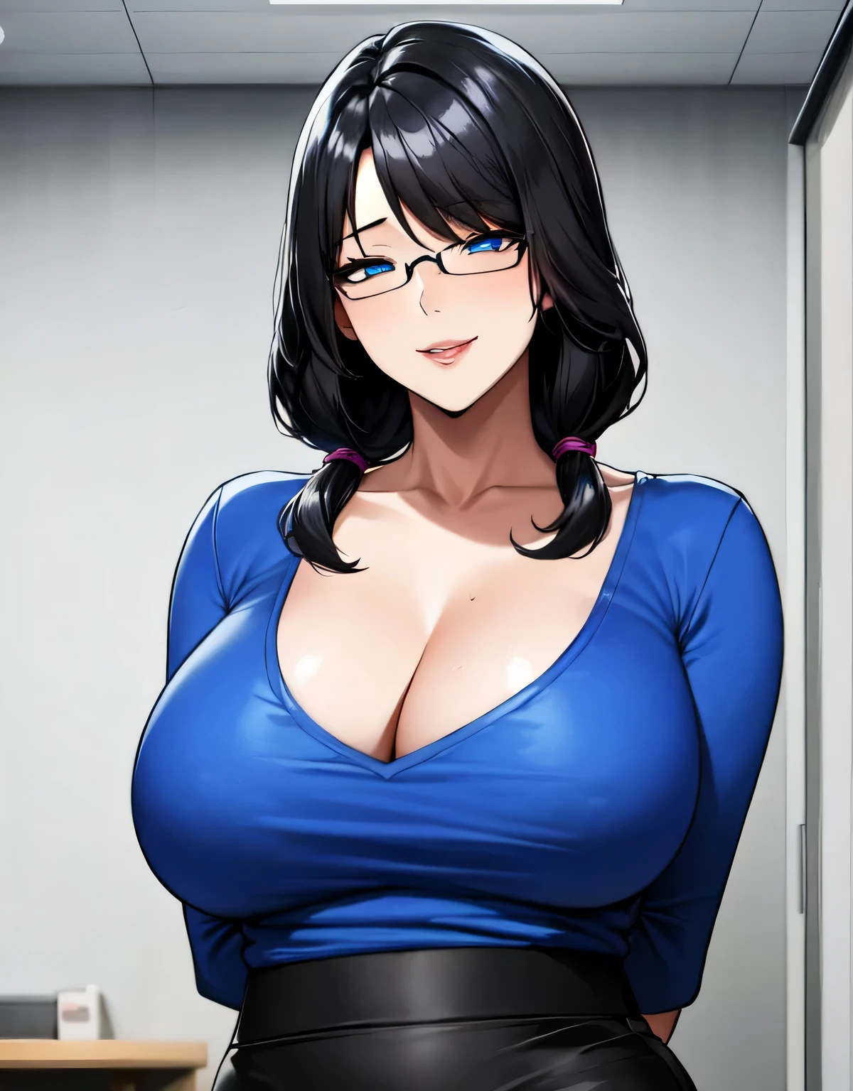 ((1girl)),((solo)),(large breasts:1.5),cleavage,glasses,blue shirt,mini skirt,(shiny black mini skirt),looking at viewer,((sensitive smile)),collarbone,office lady,officeroom,((best quality)),((masterpiece)),(beautiful detailed eyes:1.5),8k UHD,extremely detailed face,perfect image,arms behind back,perfect anatomy,sexy mature women,30-yearls old,slim waist,(black hair),(shiny hair),(upper body:1.3),(look at the front:1.5),mature female,(long hair:1.6),erotic lips,