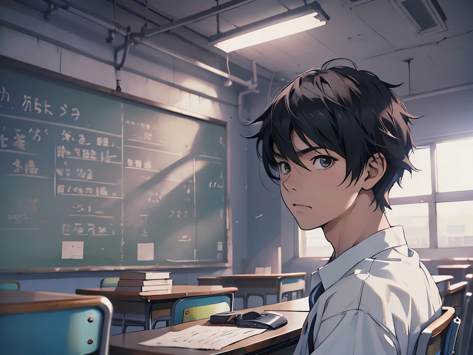 Un personaje de anime sentado en una silla, Un chico de secundaria en un aula escolar, un hombre vestido con una camiseta blanca, The background is inside the classroom, sentado en un taburete, The camera is mainly the upper part of the body,