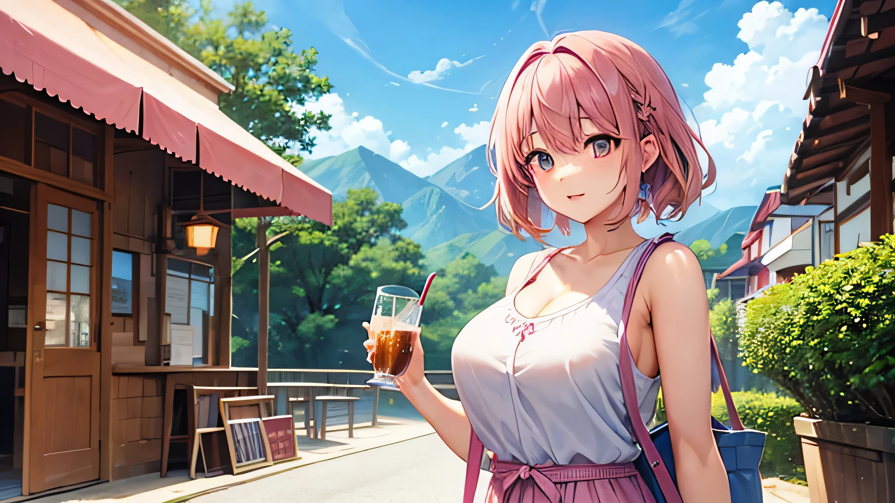 anime、Pink Hair、Big Breasts、valley、White sleeveless shirt、Shorts、Outdoor Cafe、noon、Holding a cup
