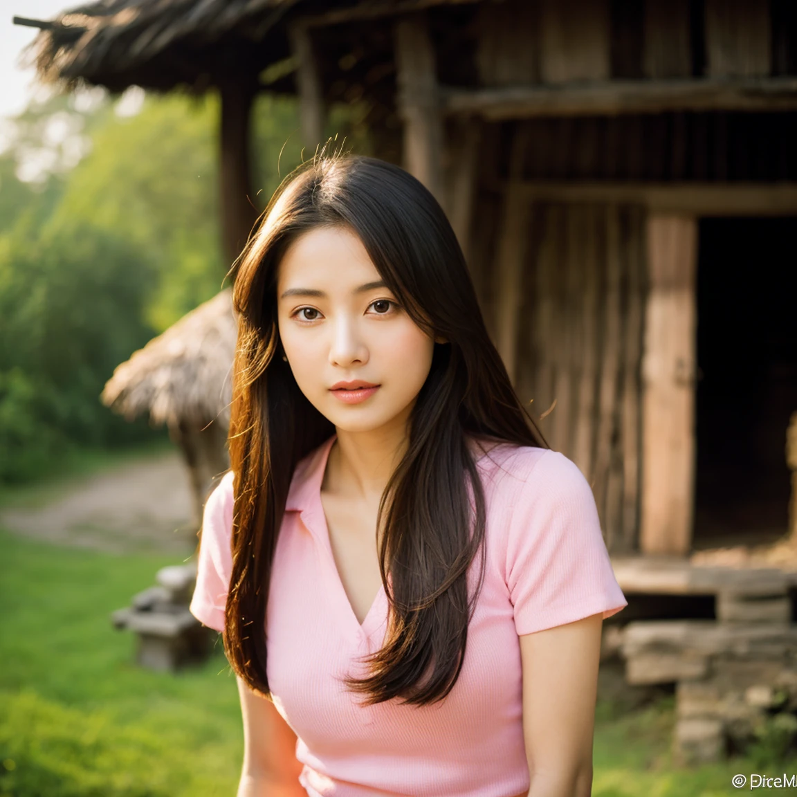 Young Asian woman, 25 years old,Wear a tight pink shirt. , Long hair blows up in the wind., Looking straight ahead, Action with various seductive poses, perfect body,)) Strong and healthy abdomen, In the countryside there are old thatched huts.,In the countryside there are old thatched huts.โทรมธรรมชาติ บริเวณข้างทางมีแถวดอกไม้สีเหลืองสวยงามบานสะพรั่ง, The evening sunlight twinkled beautifully., 8K photos, Shot with a bright, high-quality Fuji camera. 45,000,000 pixels, Too realistic,