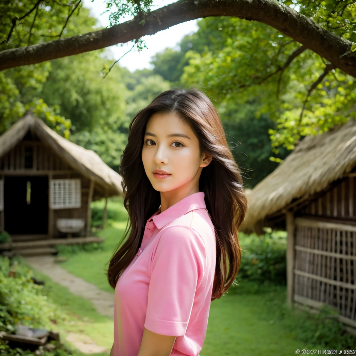 Young Asian woman, 25 years old,Wear a tight pink shirt. , Long hair blows up in the wind., Looking straight ahead, Action with various seductive poses, perfect body,)) Strong and healthy abdomen, In the countryside there are old thatched huts.,In the countryside there are old thatched huts.โทรมธรรมชาติ บริเวณข้างทางมีแถวดอกไม้สีเหลืองสวยงามบานสะพรั่ง, The evening sunlight twinkled beautifully., 8K photos, Shot with a bright, high-quality Fuji camera. 45,000,000 pixels, Too realistic,