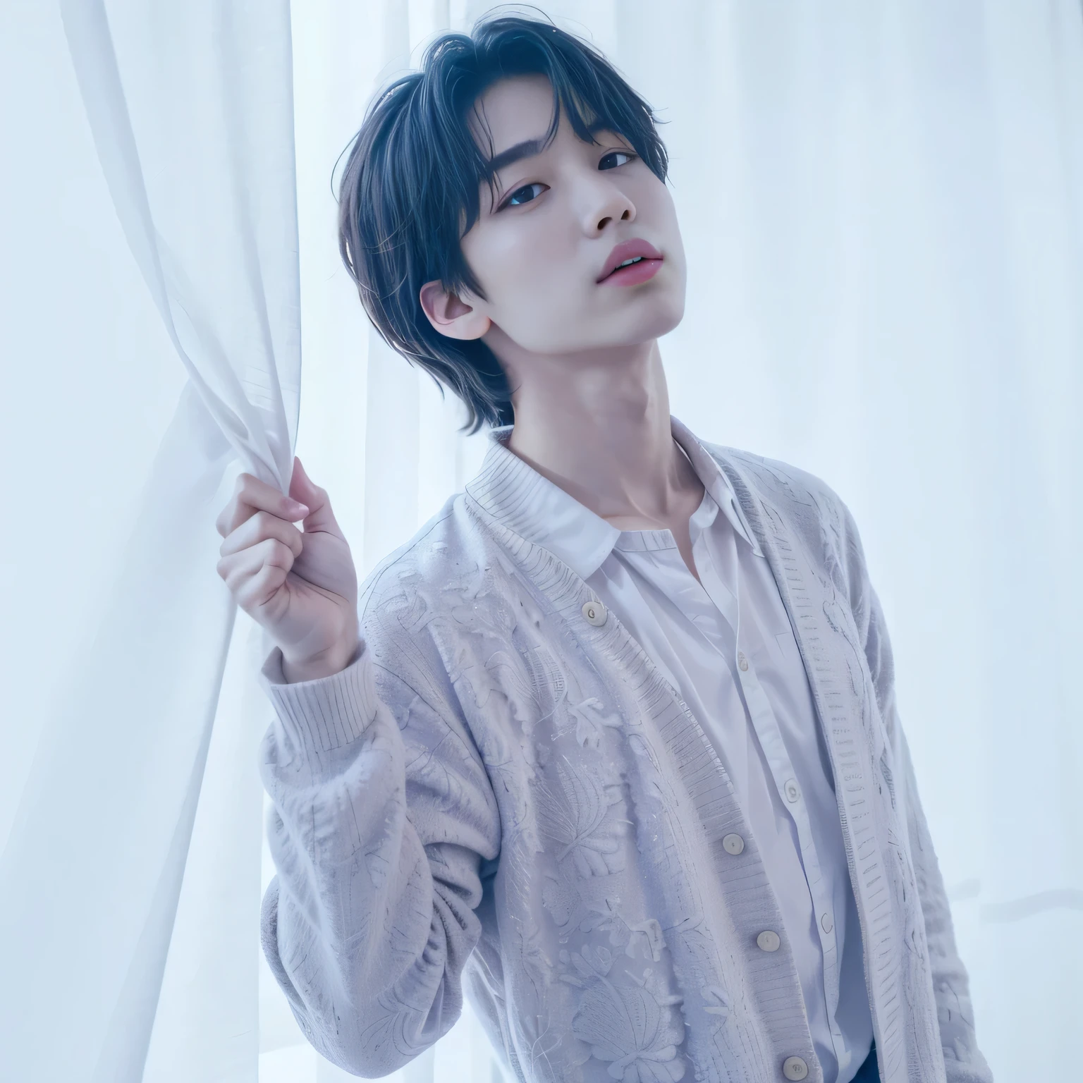 There is a man standing next to a curtain., Jimin, park Jimin, Jimin\'s grecian nose, hyung tae, Jimin\los labios carnosos, Jung Jaehyun, de mi parte, kim taejin, Kim Doyoung, yoongi de pelo negro, foto oficial, Hong June Hyung, key still, Shin Jeongho, Jimin\his right eyelid is swollen, Park Jimin, Jimin of BTS, Korean Boy, Korean Face