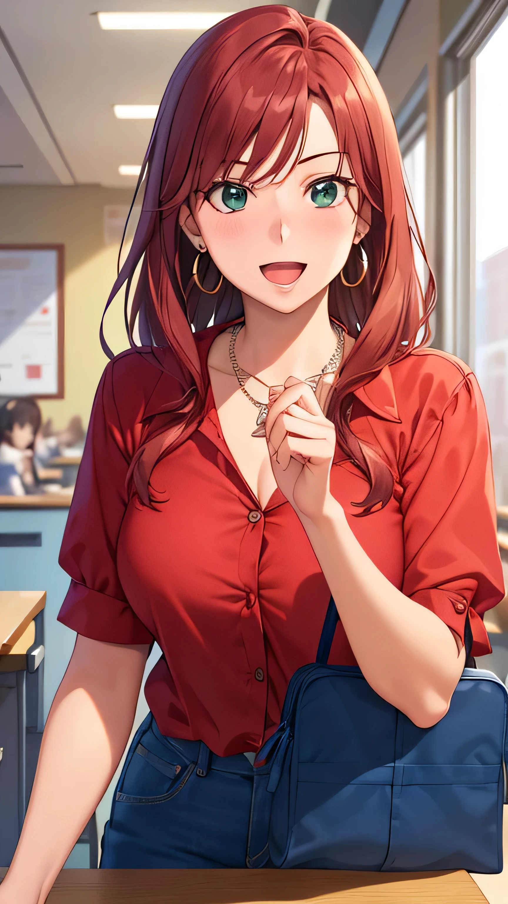 masterpiece, best quality, high resolution, UHD, RTX, pixel perfect, depth of field, 4k, highly detailed, 1 girl, single, solo, beautiful anime girls, beautiful art style, anime characters, long hair, parted bangs, middle part bangs hair, red hair, green eyes:1.4, round eyes, beautiful eyelashes, realistic eyes, detailed face, blush:1.2, fine texture:0.75, realistic texture:0.65, photorealistic:1.1, CG anime style, bright color, medium breasts , dynamic angle, perfect body, first point of view, dynamic pose, looking at the viewer, wearing a red checkered shirt, white t-shirt under the red shirt, blue jeans, bra visible through the t-shirt, fashionable, single handbag, 1 diamond necklace , cute earrings, warm smile, open mouth, shy, office space, leaning forward
