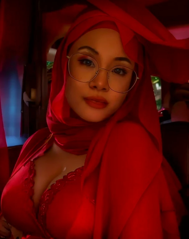 a close up of a woman wearing glasses and a red scarf, malaysian, with beautiful exotic, sie boob, gorgeous lady, 3 0 years old woman, 30 years old woman, lovely woman, 2 8 years old, 2 7 years old, cute woman, busty, 2 9 years old, hijab, large breast, beautiful girlfriend, gorgeous woman