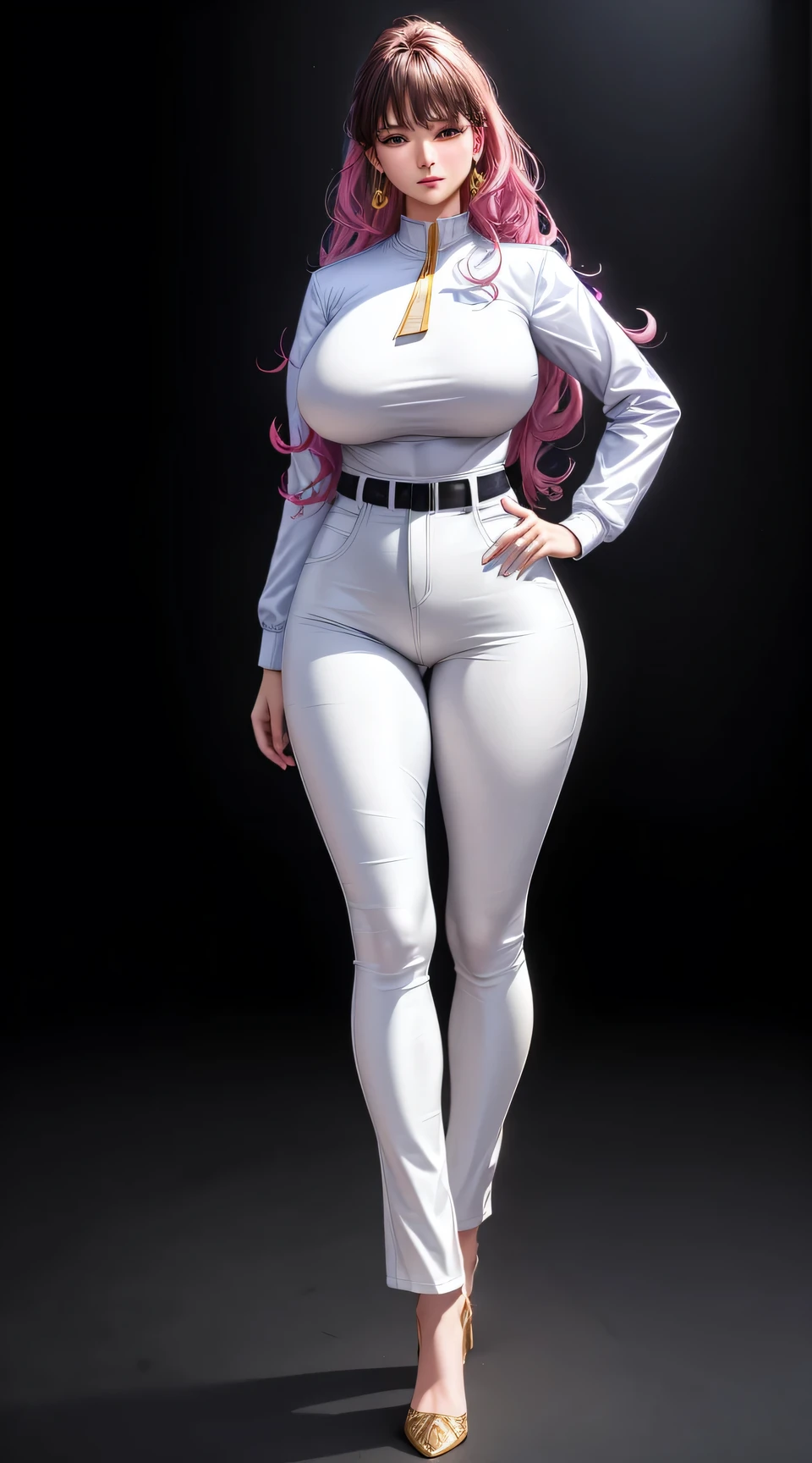 (best quality:1.5, highres, UHD, 4K, detailed lighting, shaders), best quality eyes, perfect hands, perfect finger,   white curly haired, gradient hair, big breasts, white T-shirt, big thighs,  big butt, white 
jacket,  white long pants, mature woman , (pov), black background, colorful eyeshadow, dramatic lighting, sparkling eyes, sensual expression, golden earrings, flowing hair, delicate facial features, soft skin, high cheekbones, urban setting, full body, black background, dont look for the camera,  behind  the camera,standing_split