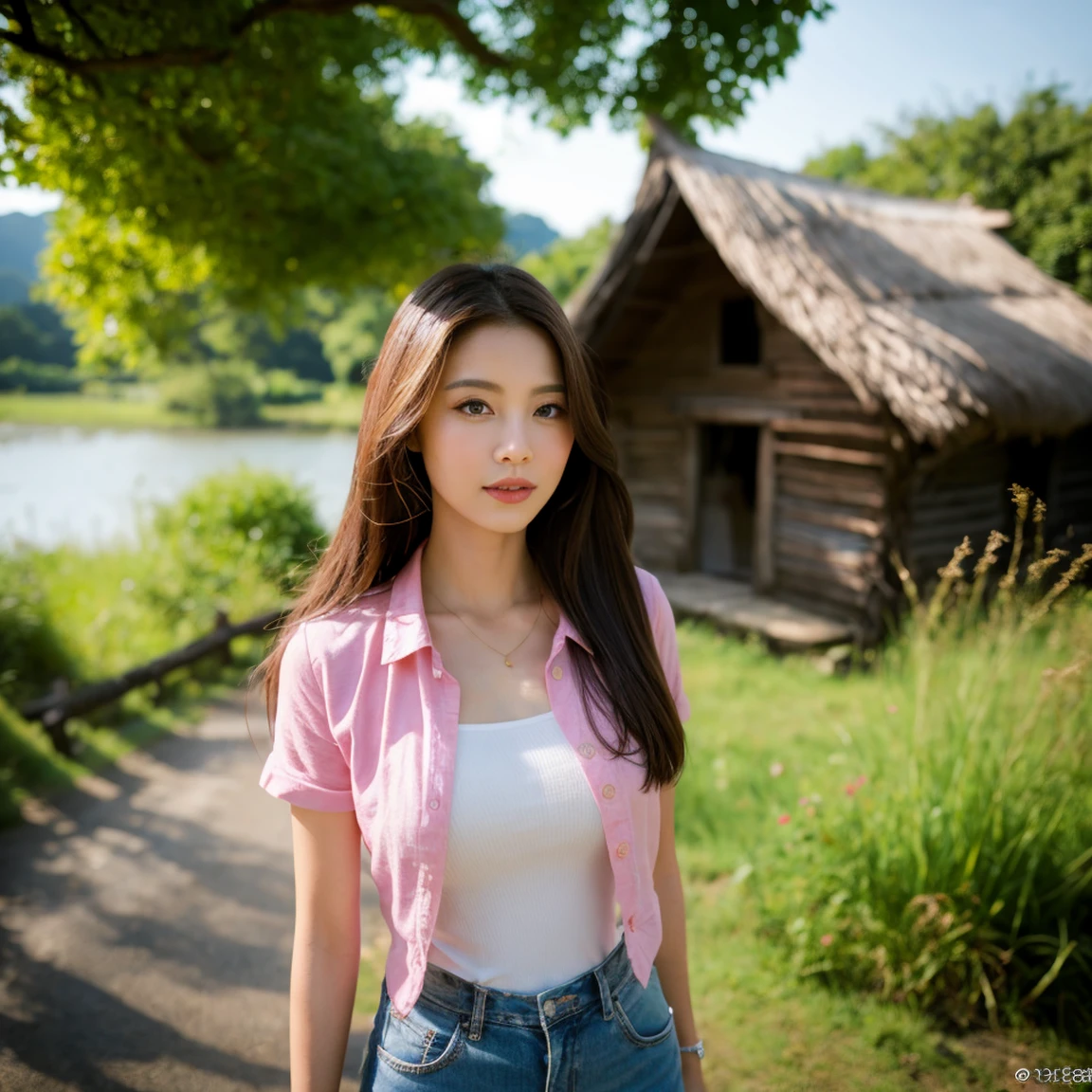 Young Asian woman, 25 years old,Wear a short jean jacket, pink shirt , Long hair blows up in the wind., Looking straight ahead, Action with various seductive poses, perfect body,)) Strong and healthy abdomen, In the countryside there are old thatched huts.,In the countryside there are old thatched huts.โทรมธรรมชาติ มีดอกไม้สีเหลืองสีแดงสวยงามบานสะพรั่ง, The evening sunlight twinkled beautifully., 8K photos, Shot with a bright, high-quality Fuji camera. 45,000,000 pixels, Too realistic,