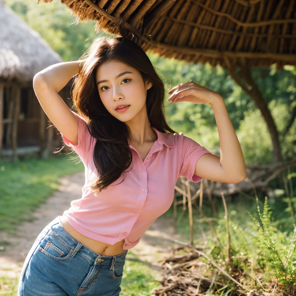 Young Asian woman, 25 years old,Wear a short jean jacket, pink shirt , Long hair blows up in the wind., Looking straight ahead, Action with various seductive poses, perfect body,)) Strong and healthy abdomen, In the countryside there are old thatched huts.,In the countryside there are old thatched huts.โทรมธรรมชาติ มีดอกไม้สีเหลืองสีแดงสวยงามบานสะพรั่ง, The evening sunlight twinkled beautifully., 8K photos, Shot with a bright, high-quality Fuji camera. 45,000,000 pixels, Too realistic,