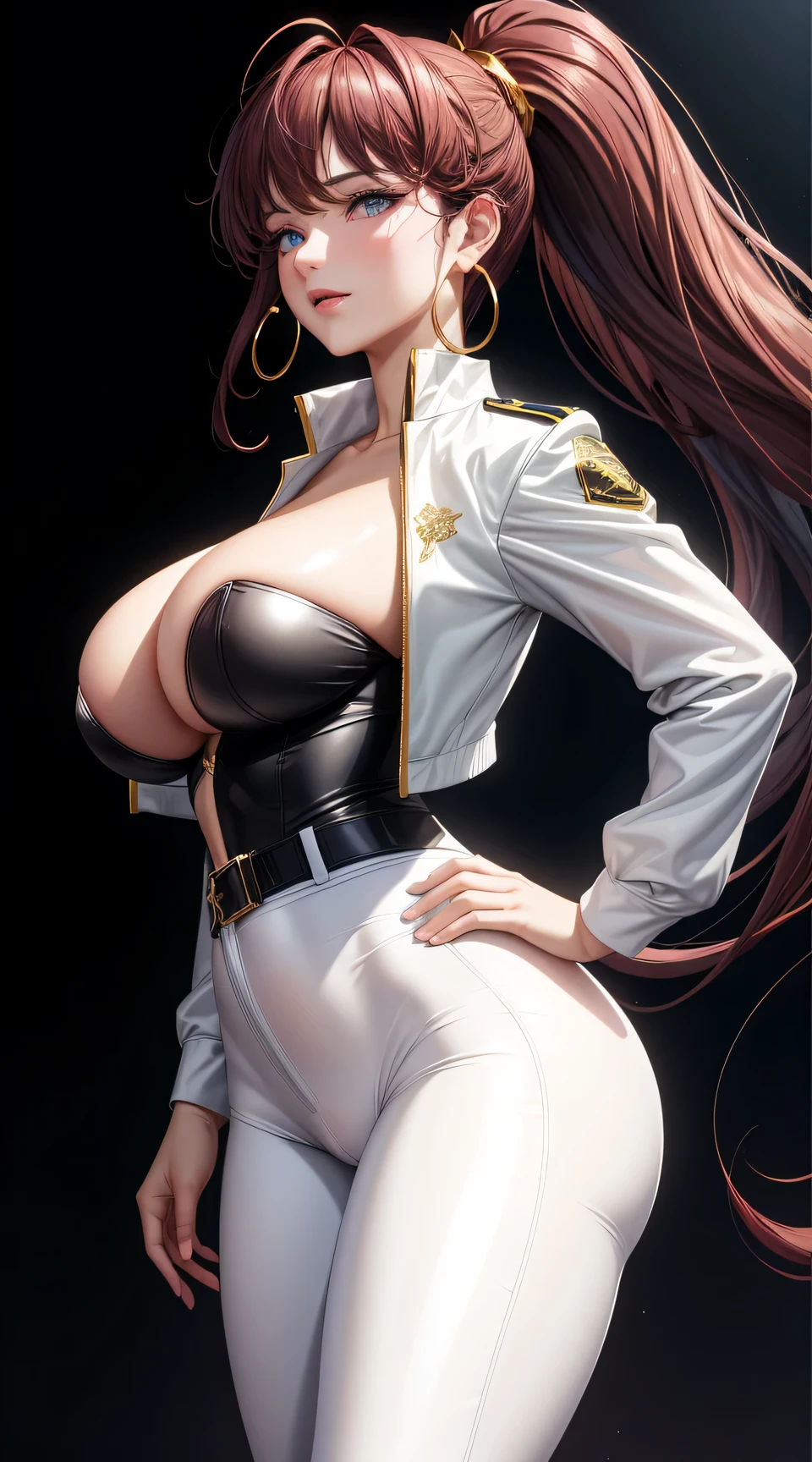 (best quality:1.5, highres, UHD, 4K, detailed lighting, shaders), best quality eyes, perfect hands, perfect finger,   white curly haired, gradient hair, big breasts, white T-shirt, big thighs,  big butt, white 
jacket,  white long pants, mature woman , (pov), black background, colorful eyeshadow, dramatic lighting, sparkling eyes, sensual expression, golden earrings, flowing hair, delicate facial features, soft skin, high cheekbones, urban setting, full body, black background, dont look for the camera,  behind  the camera,standing_split