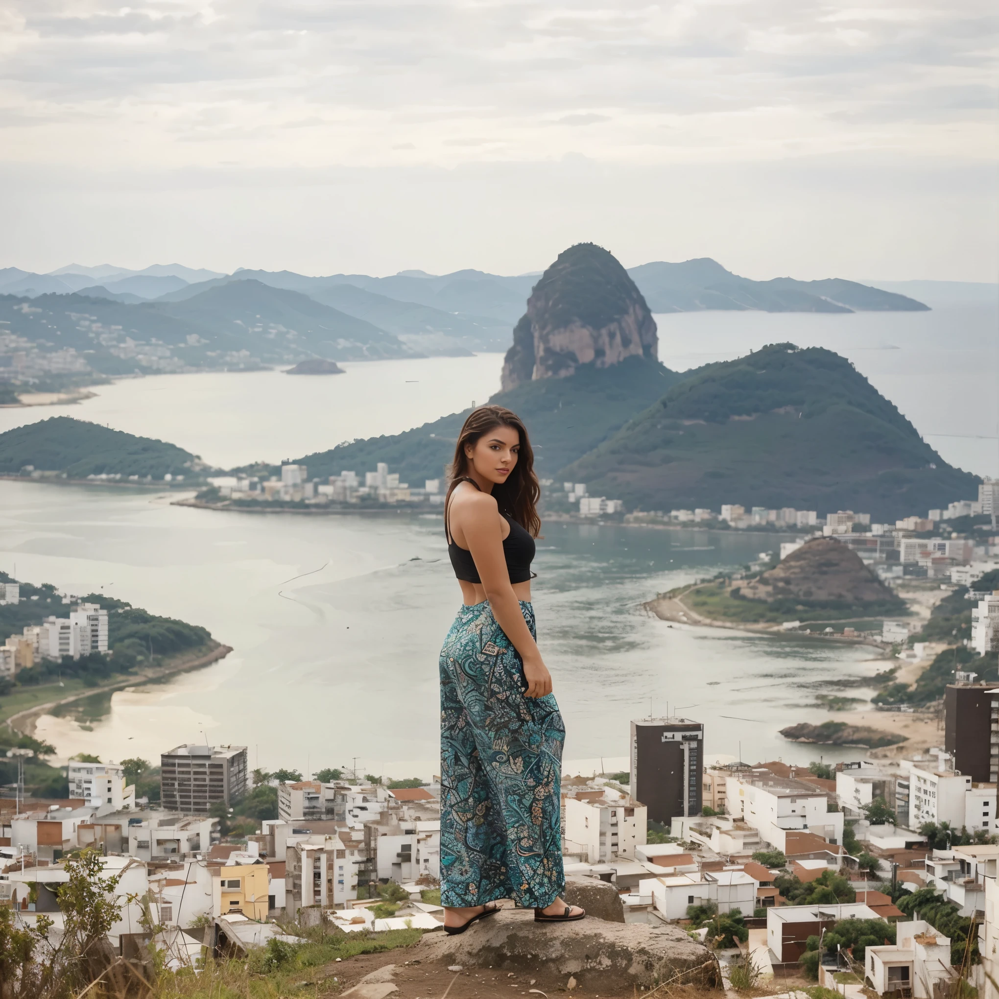 Make Larissa in this same pose wearing an identical outfit in a setting exactly like the one in the photo, cabelo castanho escuro