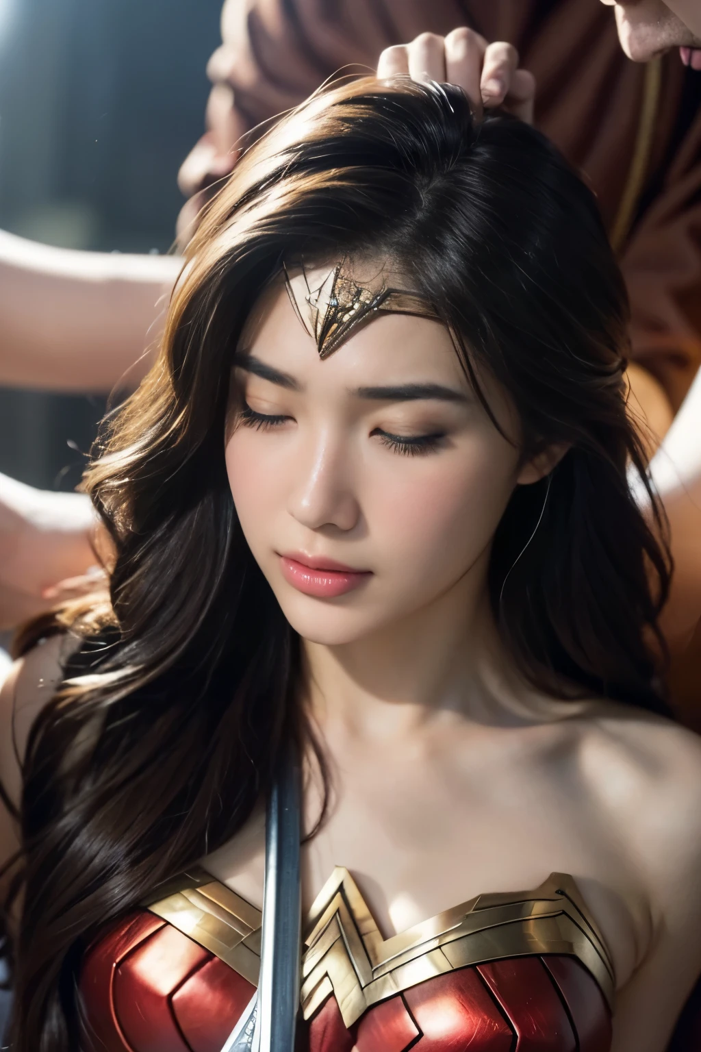 perfect wonder woman costume,sleeping face,Close ~ eyes,Open your mouth,Tired face,Face of Suffering,sleeping face,Fight with the men,Surrounded by men,,caught between men,obsessed with men,Entanglement with men, Attacked by men,assaulted by men,Being bullied by a man,Sexually abused by a man,Captured by a man,Being restrained by a man、Face is hidden,Grabbing my face,touch your face,、Hair is pulled hard,My head is grabbed,licked my hair,lick my face,brown hair, masterpiece、beautiful girl、fine 目、puffy eyes、highest quality, 超High resolution, (reality: 1.4), Cinema Lighting,so beautiful、Beautiful Skin、(超reality的な)、(High resolution)、(8k)、(Very detailed)、(beautiful and fine 目)、(Very detailed)、 Detailed face、slanted bangeshi hair、brown hair、20-year-old、Wonder Woman Cosplay,Wonder Woman's Tiara