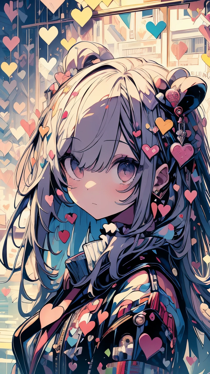 ((((masterpiece)))), highest quality, very_expensive_solve, big_file size, Full Color, Looking up, with a gentle expression, Heart Eyes, 1 girl, Background full of hearts
