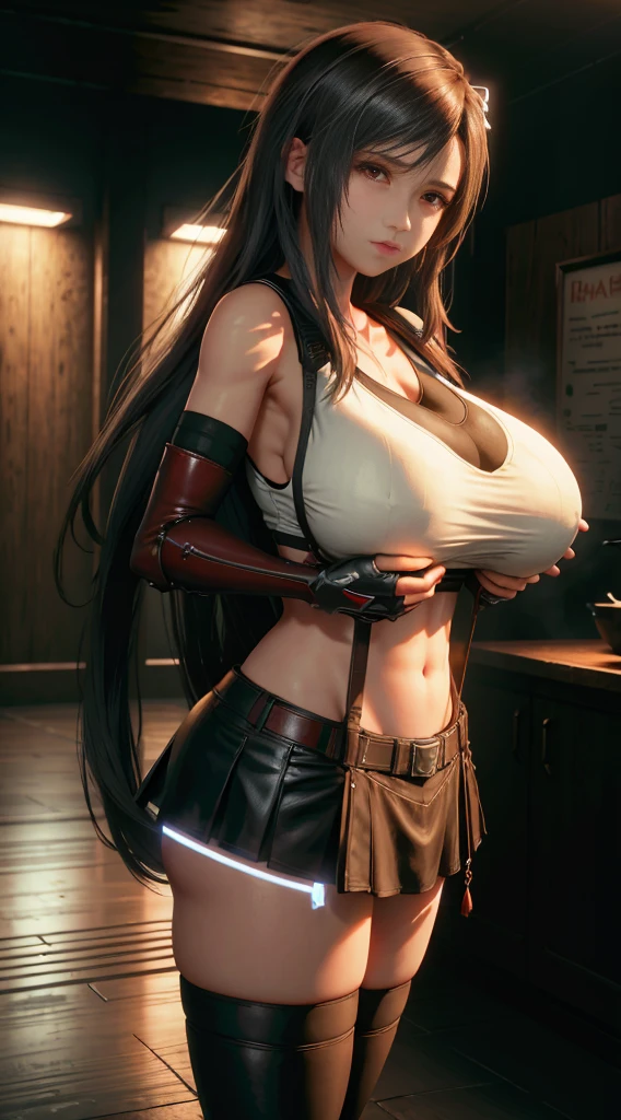 Tifa lockhart, tifa_lockhart, ff7, sultry face, (white tank top:1.4), black latex miniskirt, (very long black hair:1.3), hair bangs (red eyes:1.4) long eyelashes, beautiful red eyes with brightness, surrealism, shadow, stereogram, (photorealistic, realistic: 1.2), POV, atmospheric perspective, cinematic lighting, ray tracing, 8k, super detail, best quality, masterpiece, well detailed, (Canon EOS R6, 135mm, 1/1250s, f/2.8, ISO 400:0.9), standing by a waterfall, red combat gloves, stockings, suspenders, big breasts, slim, large , huge , (((ridiculously large breasts))), (absurdly huge breasts:1.5), ((gigantomastia)), ((macromastia)), (((gigantic breasts))), (((((enormous breast))))), (one girl:1.5)