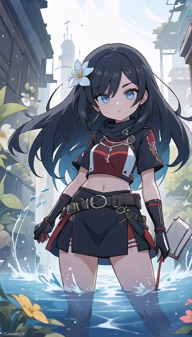 anime,Ultra HD, Anatomicamente Correto, pele texturizada, melhor qualidade,uma garota extremamente delicada e linda,22 anos, rosto fascinante e fino, olhos vivos e lindos, figura esbelta, deitado no campo de flores, contra luz de fundo ao anoitecer, water eyes, saia longa, cabelo desgrenhado, livro de arte, paisagem urbana, fantasia, apenas umbigo, Ombros nus,fundo iluminado