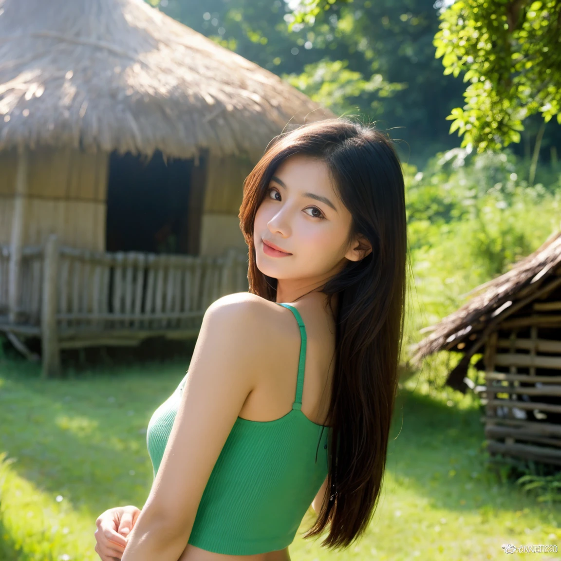 Young Asian woman, 25 years old,Wear a tight pink tank top. , Long hair blows up in the wind., Looking straight ahead, Action with various seductive poses, perfect body,)) Strong and healthy abdomen, In the countryside there are old thatched huts.,In the countryside there are old thatched huts.โทรมธรรมชาติ มีดอกไม้สีเหลืองสีแดงสวยงามบานสะพรั่ง, The evening sunlight twinkled beautifully., 8K photos, Shot with a bright, high-quality Fuji camera. 45,000,000 pixels, Too realistic,