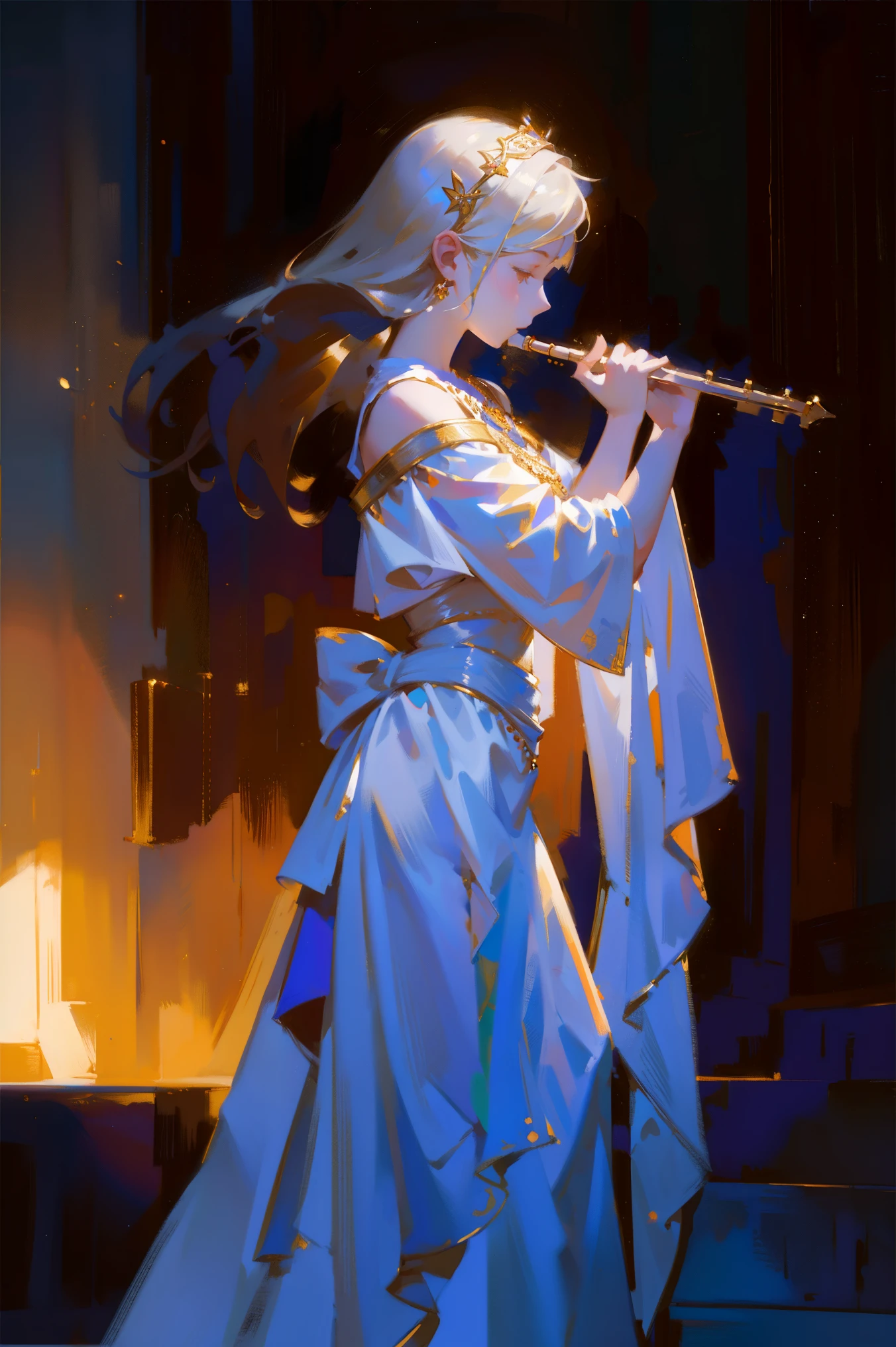 full-body portraits，(Drawing of girl playing flute), white dresses，low head，With his eyes closed，Mandy Jürgens (Mandy Jurgens) Realistic paintings created, Perverted, arte figurativa, Detailed depiction of the, realistically, An artwork of, contours， seen from the side， simple backgound