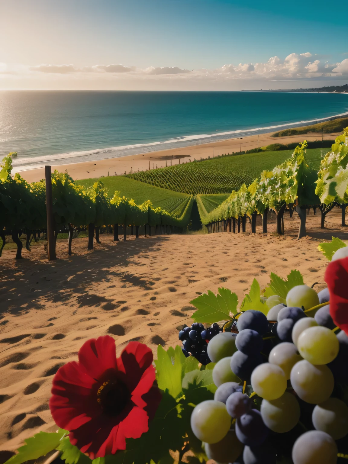 A sunny vineyard, rows of grapes ripening under soft rays, casting an amber hue over the landscape, captured in a cinematic frame adding a sandy beach with the sea in the background , accentué par la résolution 8K, use a Canon50 lens for an ultra detailed representation in the second plan, une plage assez voyante (realistic textures:0.8, couleurs vives:0.7).