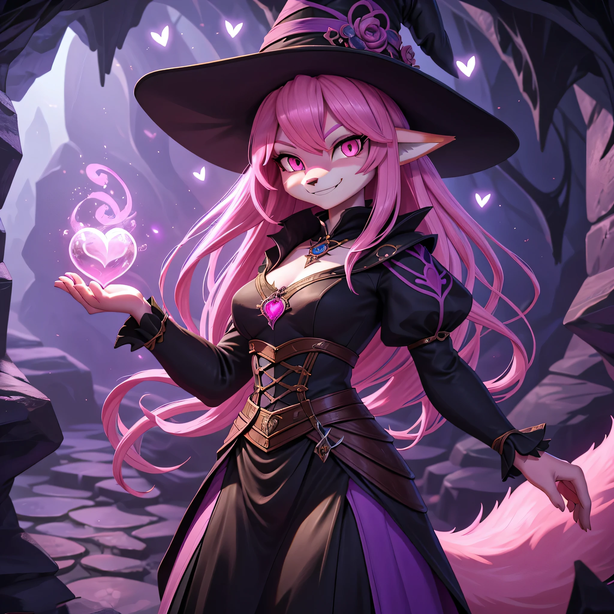 zoomed out image, fantasy character, high quality, 3d illustrated fantasy style, a pink haired female anthropomorphic fox, shapely, skinny body, bright pink eyes, wearing a black and purple witch's hat and dress, mischievous look, evil smile, inside a dark cave, floating wispy pink magic, floating magical pink hearts, digital art