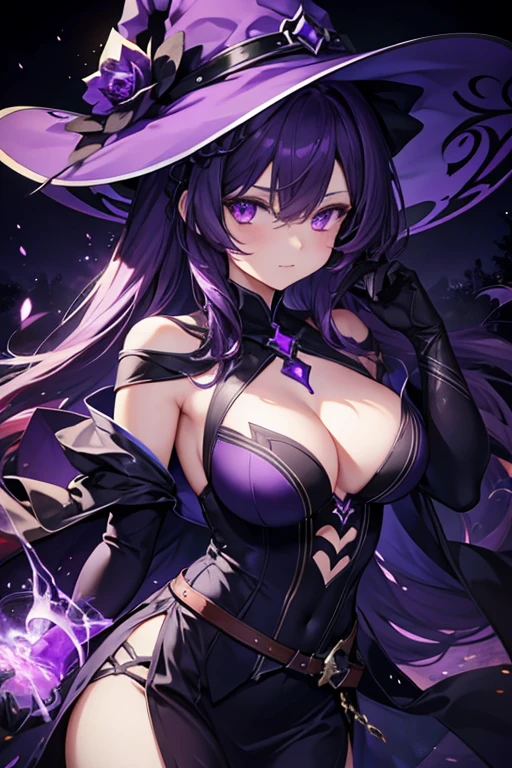 1girl, medium large breasts, purple eyes, dark purple hair, shoulder length hair, glowing eyes, witch costume
