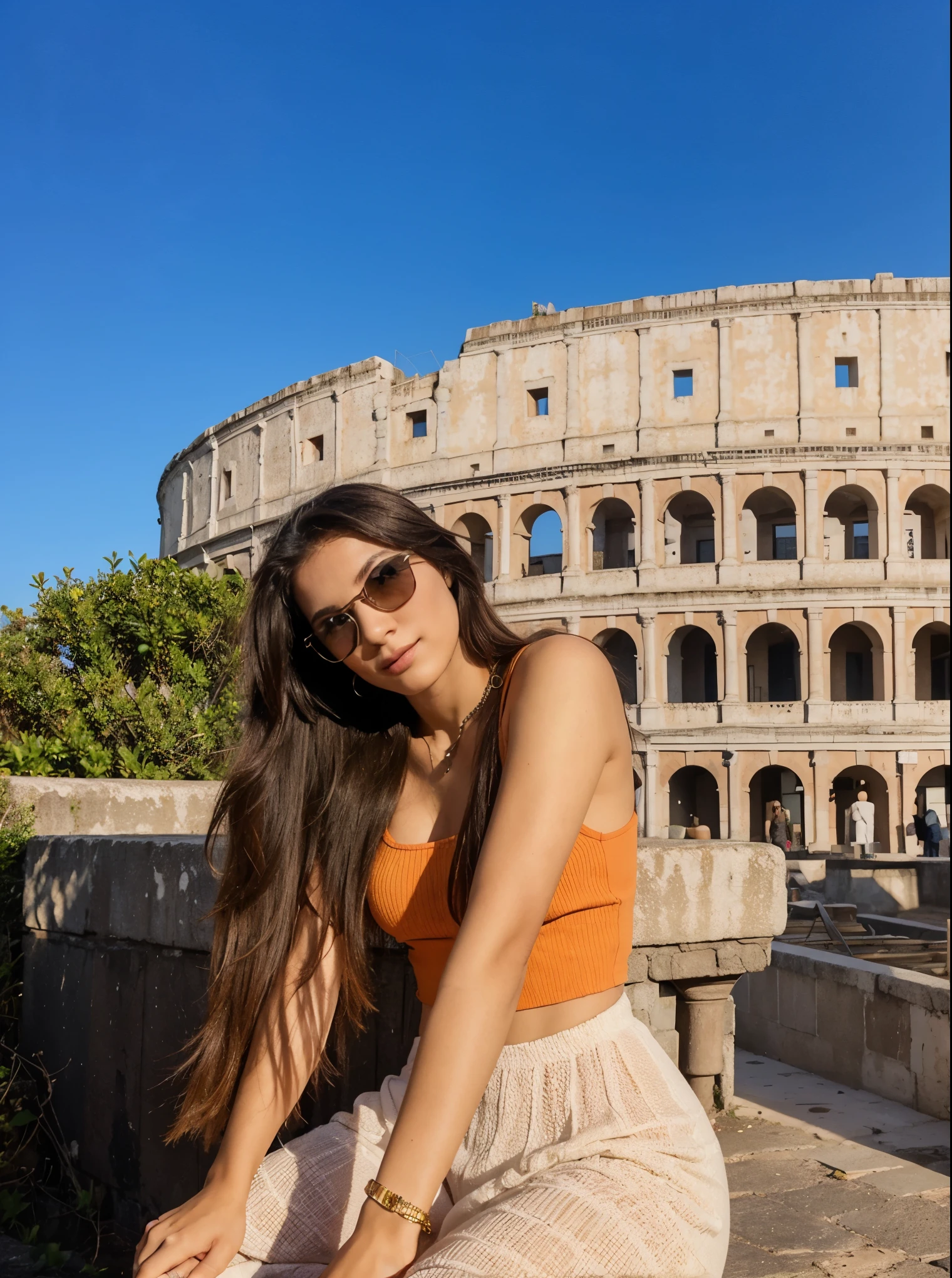 Make Larissa in this same pose wearing an identical outfit in a setting exactly like the one in the photo, cabelo castanho escuro 
