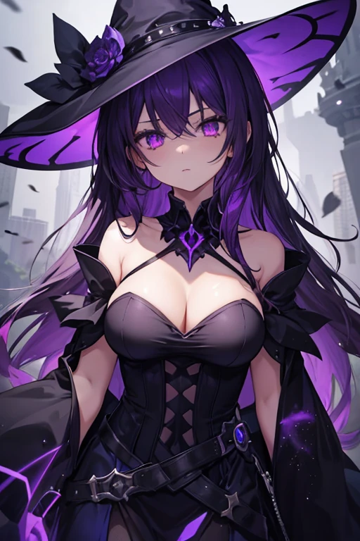 1girl, medium large breasts, purple eyes, dark purple hair, shoulder length hair, glowing eyes, black witch costume
