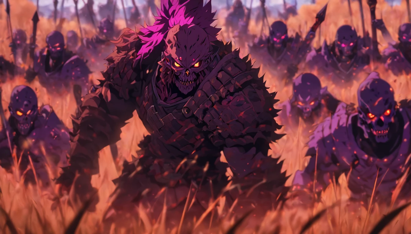 during the day on a field of crimson grass there is a group of muscular zombie warriors with purple skin and glowing orange eyes, they wear iron armor, undead in armor, fantasy image, 4k, glowing orange eyes, muscular bodies, army of no dead, swords, spears and shields, fantasy image