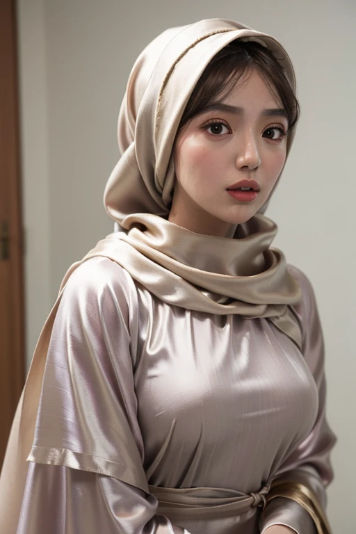 (Masterpiece, best quality, photography, detailed skin, realistic, photo-realistic, 8k, highly detailed, full length frame, High detail RAW color art, diffused soft lighting, shallow depth of field, sharp focus, hyperrealism, cinematic lighting, hijab, a woman in a beautifully makeup, eyeshadow, beautiful big eyes, long eye lashes, wearing (Gray satin hijab), loosely tide hijab style, ((Taupe satin kaftan)), asian face, cute asian, moist skin