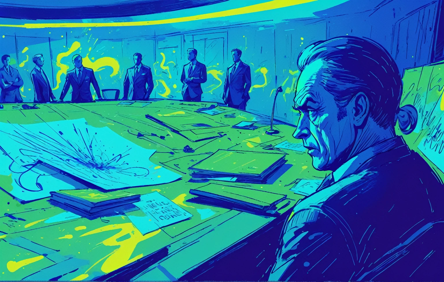 war room, general, tension, high tension, dramatic, sense of energy, hand drawn expressive bold lines, style reference Joelle Jones, illustration, splash page, wordless, 