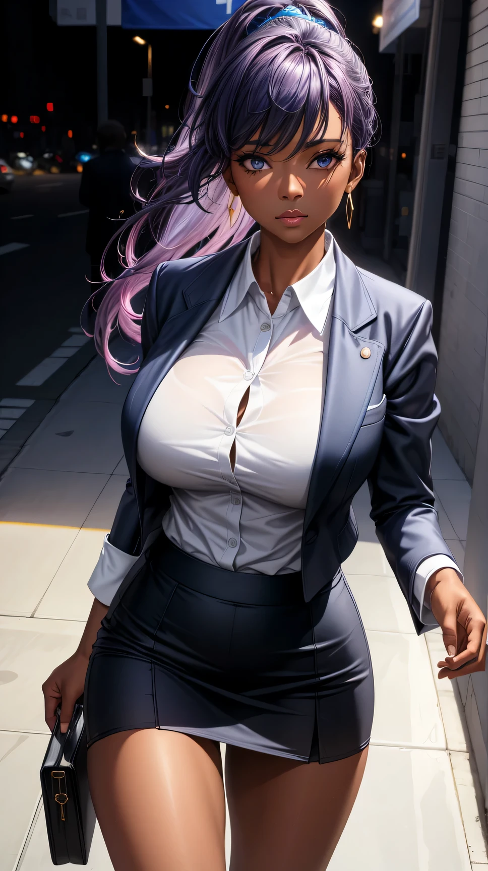 (best quality:1.5, highres, UHD, 4K, detailed lighting, shaders), blue sky floral haired, gradient hair, large breasts, suit, gray shirt, social shirt, short skirt, mature woman , (pov), white background, colorful eyeshadow, dramatic lighting, sparkling eyes, sensual expression, golden earrings, flowing hair, delicate facial features, dark skin, high cheekbones, urban setting, white background, behind the camera