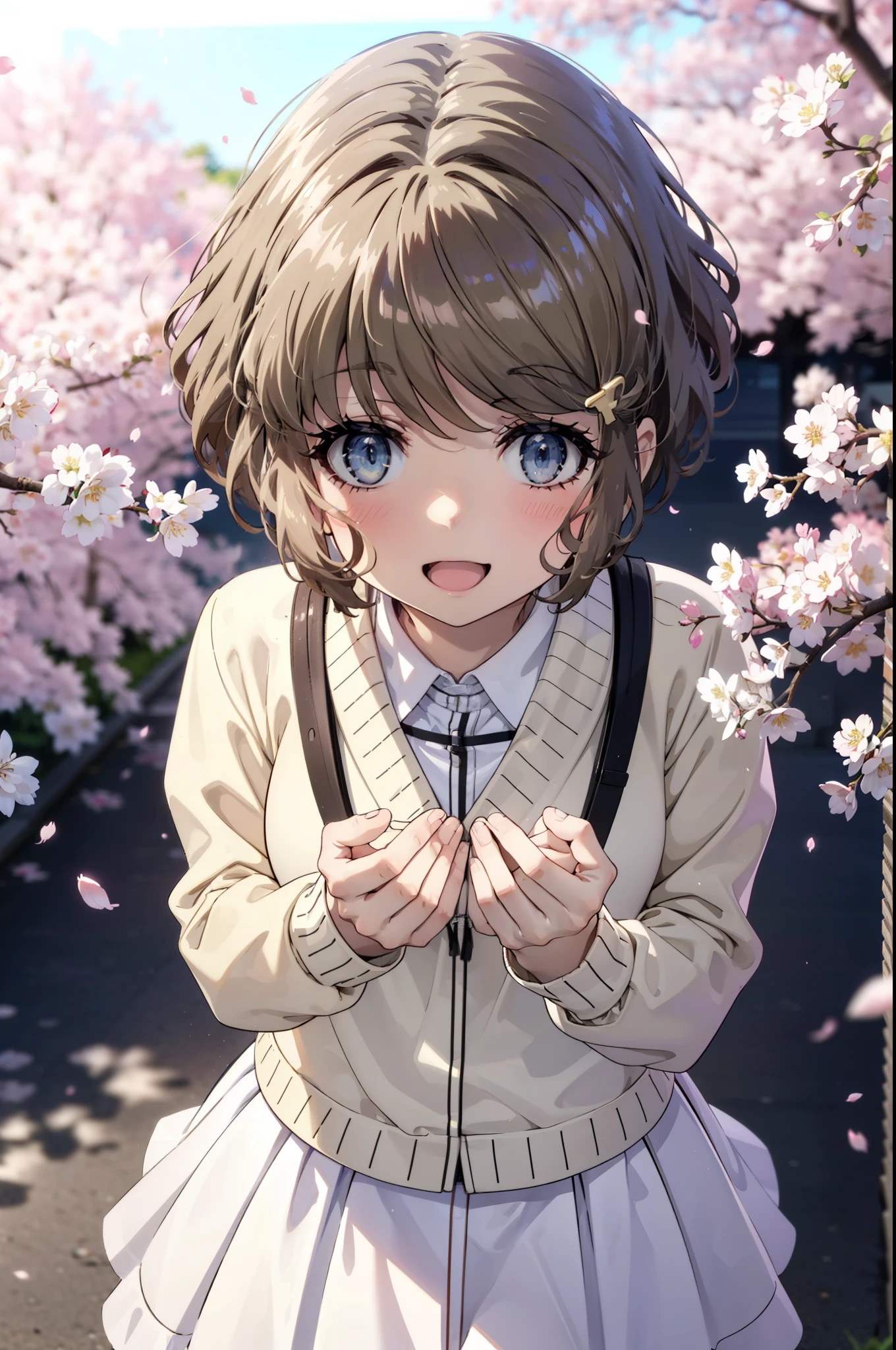 tomoekoga, Chie Koga, short hair, brown hair, blue eyes, Hair Clip,Green Tokkuri Sweater,White long skirt,Mini Boots,blush,smile,happy smile, smile, Open your mouth,Cherry blossoms are blooming,Cherry blossoms are scattered,Cherry blossom tree-lined path,morning,morning陽太陽が登っている,Being looked down on from above,
break outdoors, School School building,
break looking at viewer, Upper Body,whole body,(Cowboy Shot:1.5),
break (masterpiece:1.2), highest quality, High resolution, unity 8k wallpaper, (figure:0.8), (Beautiful fine details:1.6), Highly detailed face, Perfect lighting, Highly detailed CG, (Perfect hands, Perfect Anatomy),