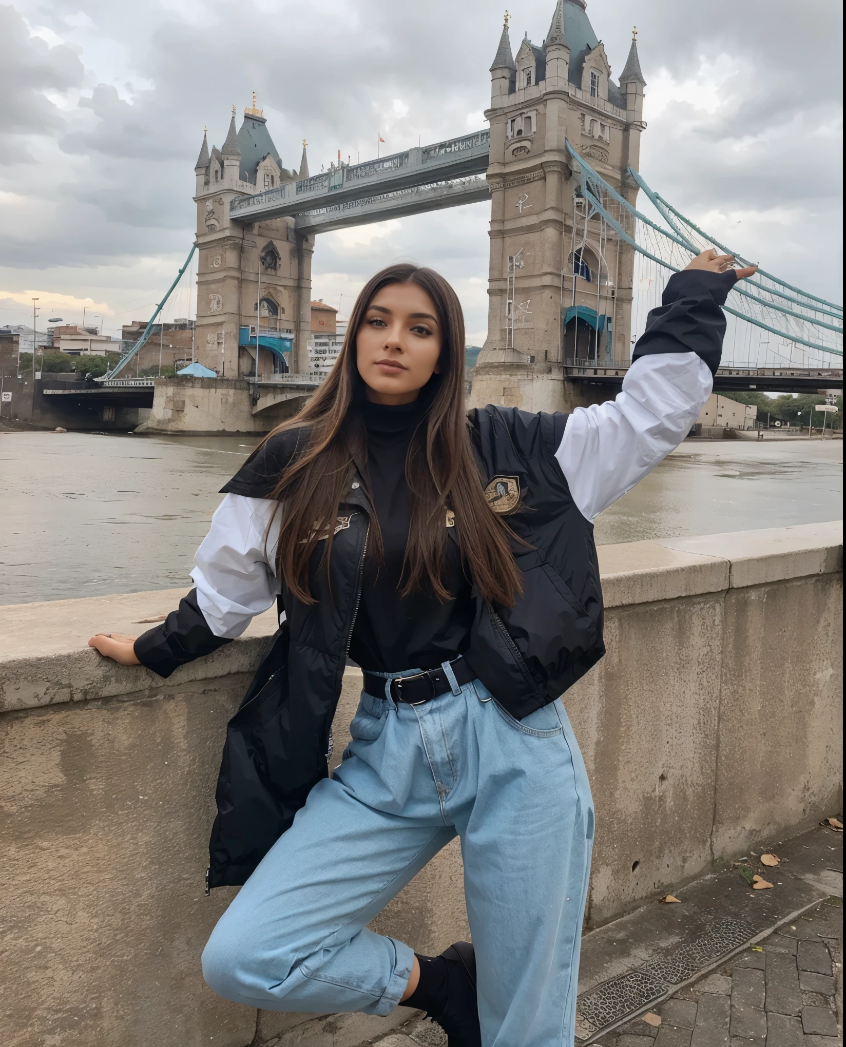 Make Larissa in this same pose wearing an identical outfit in a setting exactly like the one in the photo, cabelo castanho escuro