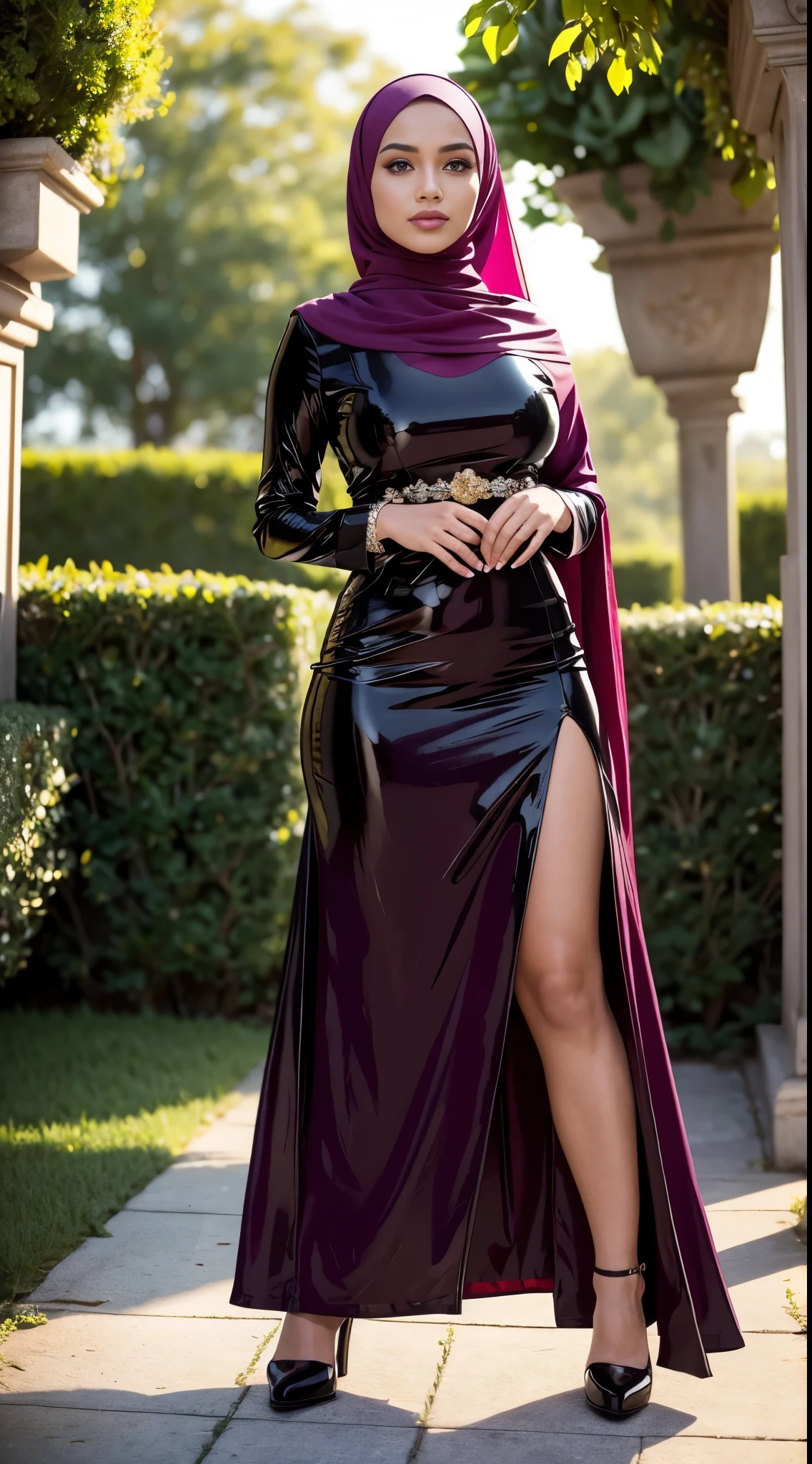 (Close Up),RAW, latex leather pvc shiny long ,Best quality, high resolution, masterpiece: 1.3), beautiful Malay woman in hijab,Masterpiece, perfect slim fit body,small breast, big gorgeous eyes, Soft smile,beautiful face,thick thighs, muslim woman with a purse and a purse, wearing an elegant long dress, lovely woman, wearing an elegant outfit, enjoying life!!! elegant, with lovely look, long dress female,long elegant dress, wearing beautiful clothes, hijab, wearing a wonderful dress, during sunset, beautiful woman , located in flower garden, Excellent lighting, Bright colors, Clean lines,pvc ,dark red black,tight wedding veil,standing,pencil white crop,whole body view,leather pants legings,boot,purple red