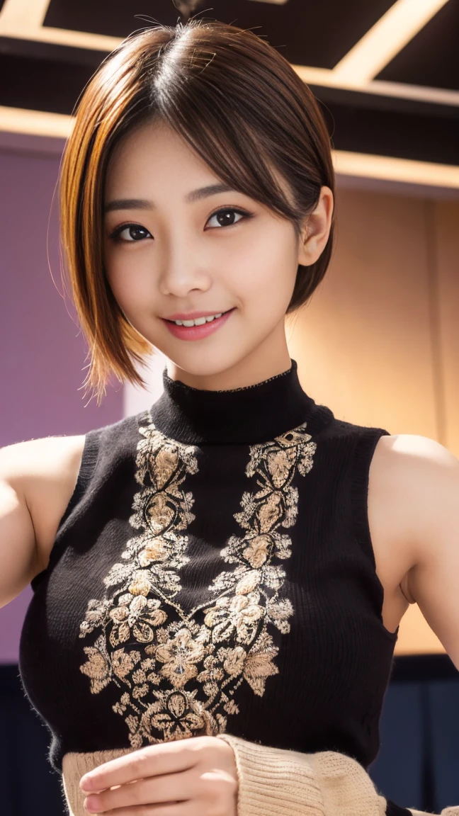 黒いSleeveless sweaterを着た日本女性、 (((masterpiece))), ((highest quality)), ((Intricate details)), (((超Realistic)), irrational solution, Near and far, Very detailed, Realistic, 1 girl, ((Big Breasts)), Perfect hands, Finger details, Beautiful and detailed, short hair, Brown eyes,(Sleeveless sweater:1.2), Black knit dress, Detailed Background, choker, Perfect Eyes, Captivating eyes, Looking at the audience, from the front、Laughter、mole around the mouth、