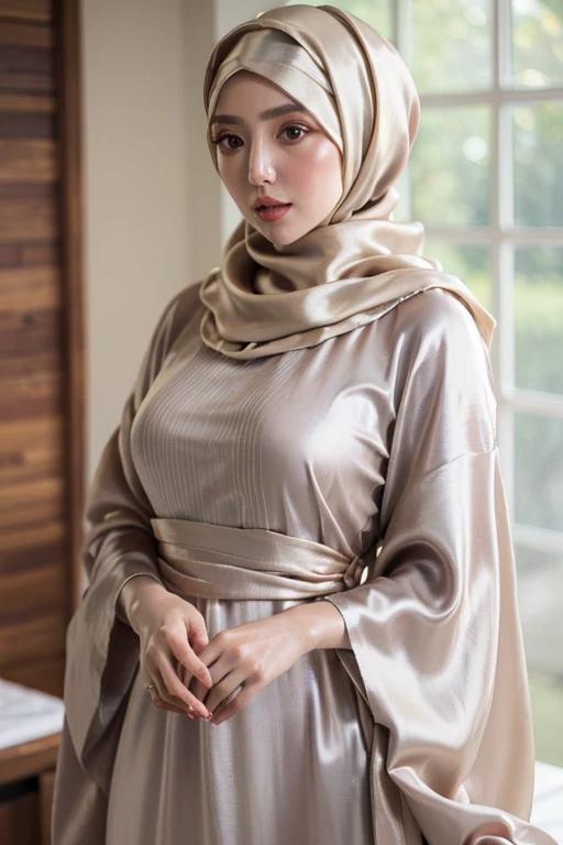 (Masterpiece, best quality, photography, detailed skin, realistic, photo-realistic, 8k, highly detailed, full length frame, High detail RAW color art, diffused soft lighting, shallow depth of field, sharp focus, hyperrealism, cinematic lighting, hijab, laurenphillips in a beautifully makeup, eyeshadow, beautiful big eyes, long eye lashes, wearing (Gray satin hijab), loosely tide hijab style, ((Taupe satin kaftan)), asian face, cute asian, moist skin
