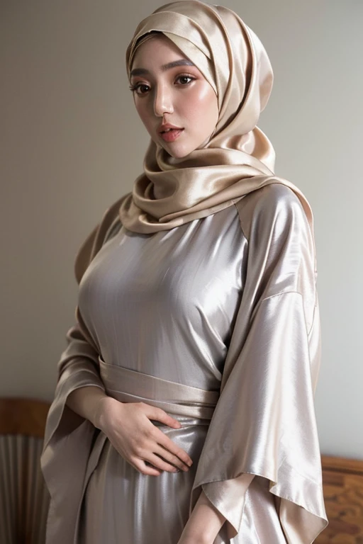 (Masterpiece, best quality, photography, detailed skin, realistic, photo-realistic, 8k, highly detailed, full length frame, High detail RAW color art, diffused soft lighting, shallow depth of field, sharp focus, hyperrealism, cinematic lighting, hijab, laurenphillips in a beautifully makeup, eyeshadow, beautiful big eyes, long eye lashes, wearing (Gray satin hijab), loosely tide hijab style, ((Taupe satin kaftan)), asian face, cute asian, moist skin