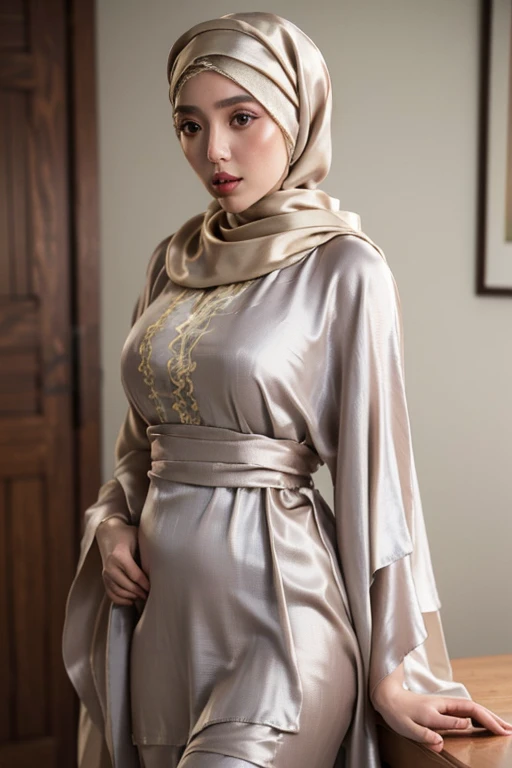 (Masterpiece, best quality, photography, detailed skin, realistic, photo-realistic, 8k, highly detailed, full length frame, High detail RAW color art, diffused soft lighting, shallow depth of field, sharp focus, hyperrealism, cinematic lighting, hijab, laurenphillips in a beautifully makeup, eyeshadow, beautiful big eyes, long eye lashes, wearing (Gray satin hijab), loosely tide hijab style, ((Taupe satin kaftan)), asian face, cute asian, moist skin