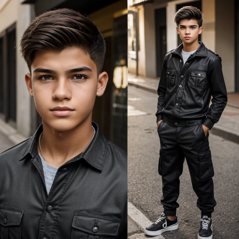 Boy, teenager, 17 years old, cabelos pretos, olhos, castanhos, black cargo pants, With the face of Igor Jansen